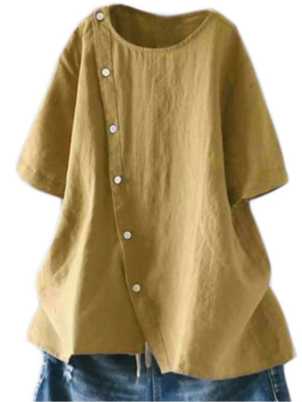 Mini bee size 2X Asymmetrical Button-Front Short Sleeve linen Tunic in Mustard